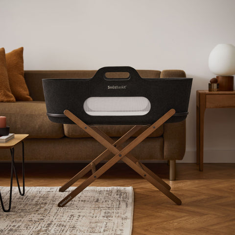 SnuzBaskit Graphite Moses Basket and Walnut Stand