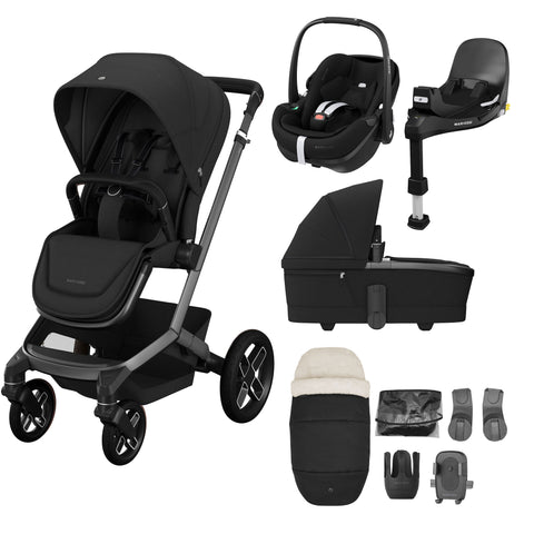Maxi Cosi Fame 9 Piece Premium Travel System Bundle - Twillic Black