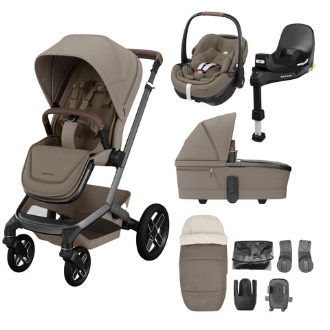 Maxi Cosi Fame 9 Piece Premium Travel System Bundle - Twillic Truffle/Black Wheels