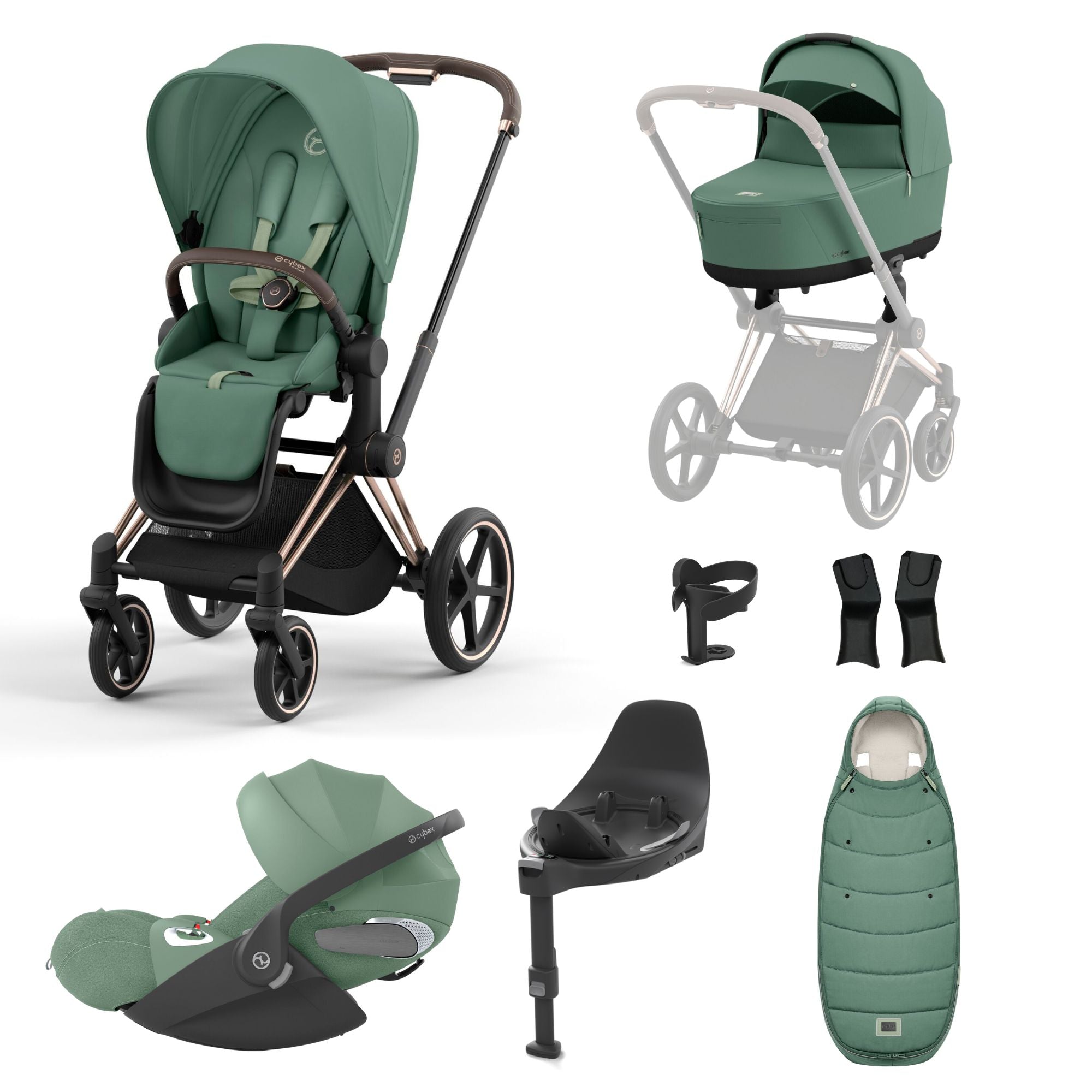 Cybex Priam Travel System Bundle Rose Gold Leaf Green