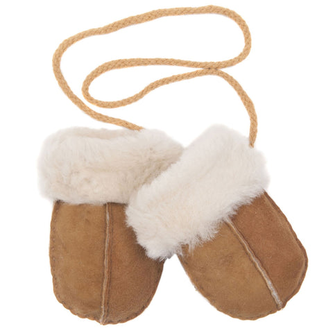 Baa Baby Sheepskin Puddy Mittens on String - Chestnut