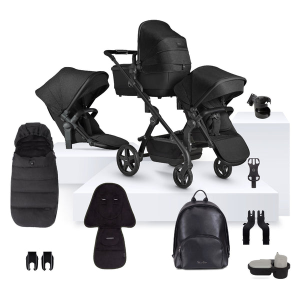 Silver Cross Wave 3 Single to Double Pram and Accessory Bundle (18 Piece) - Onyx