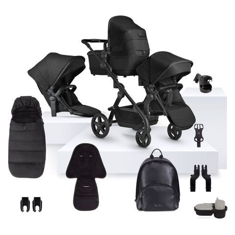 Silver Cross Wave 3 Single to Double Pram and Accessory Bundle (18 Piece) - Onyx