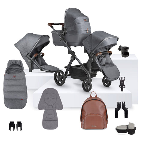 Silver Cross Wave 3 Single to Double Pram and Accessory Bundle (18 Piece) - Lunar