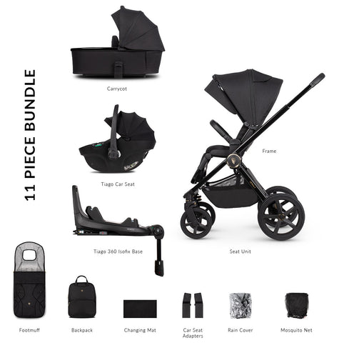Venicci Upline 2 Complete Pram, Accessory and Travel System Bundle - All Black