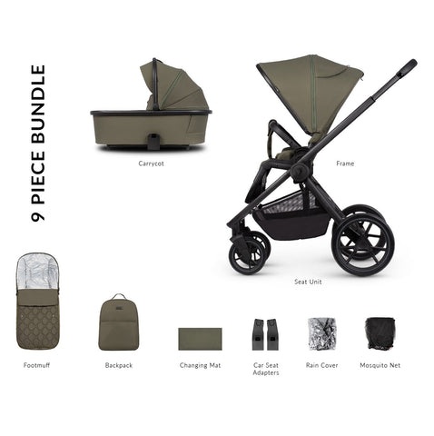 Venicci Tinum Edge 9 Piece Pram & Accessory Bundle - Moss