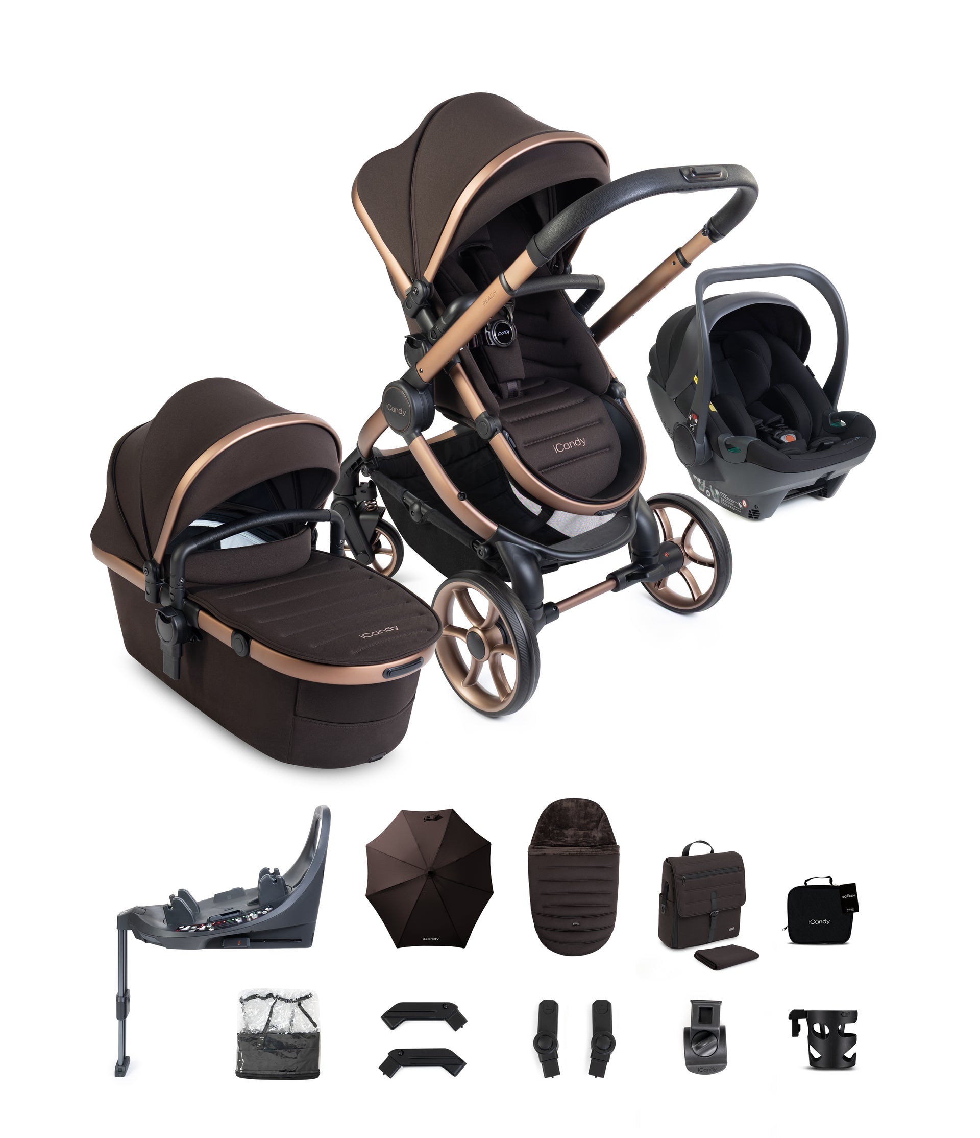 icandy peach stroller travel bag iCandy Peach 8 Complete Travel Bundle with Cocoon 360 Car Seat & Base – Bumpstart Baby Shop