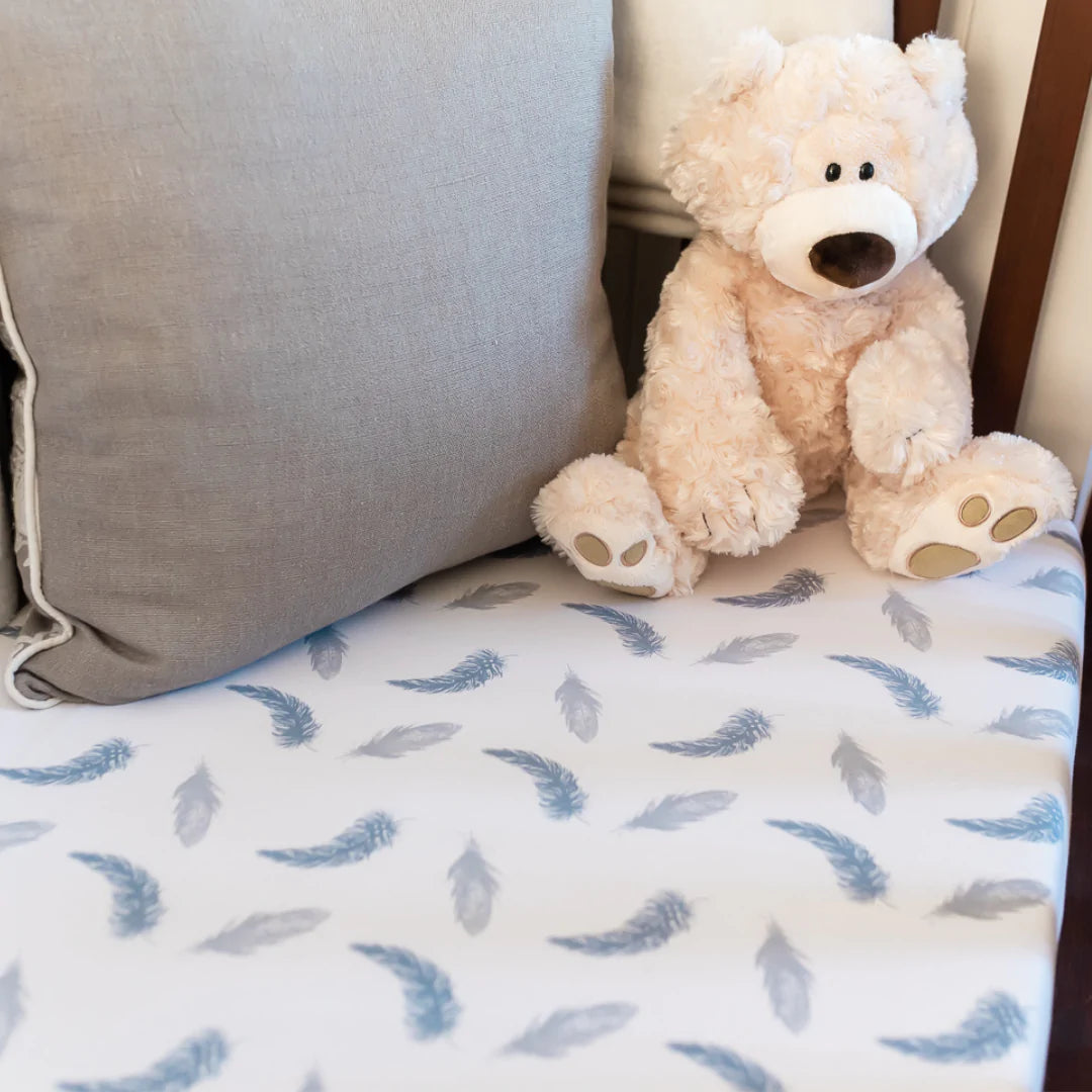 The Gilded Bird Cot Cotbed Organic Cotton Fitted Sheet Boho Feathers Blue