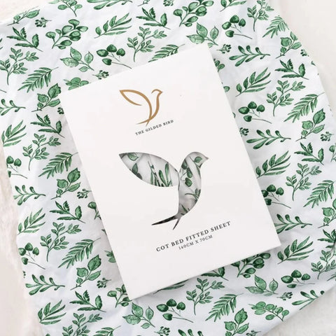 The Gilded Bird Cot/Cotbed Organic Cotton Fitted Sheet - Lovely Leaves Green