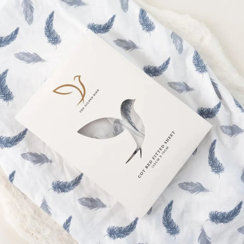 The Gilded Bird Cot/Cotbed Organic Cotton Fitted Sheet - Boho Feathers Blue