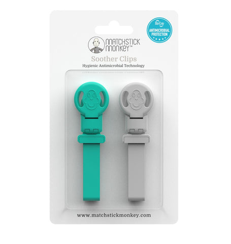 Matchstick Monkey Double Soother Clips - Green & Cool Grey