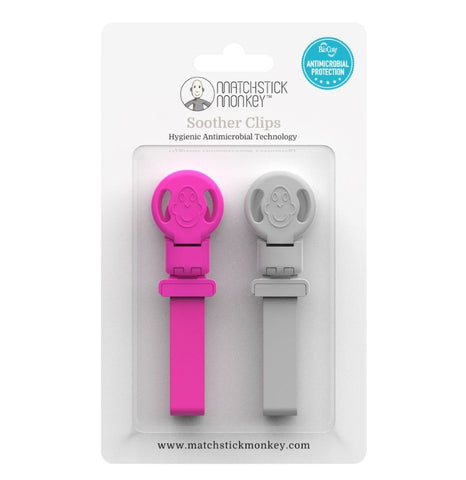 Matchstick Monkey Double Soother Clips - Pink & Cool Grey